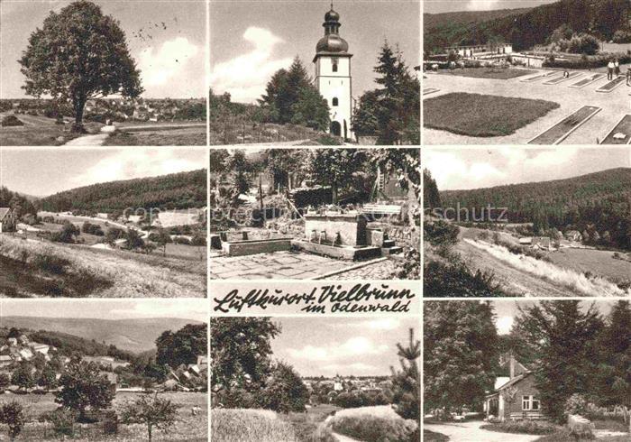 Vielbrunn Luftkurort Kirchturm Schwimmbad Brunnen Odenwald Panorama Wald Sportan