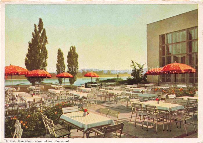 Lessenich BONN Bundeshausrestaurant Plenarsaal Terrasse Sonnenschirme Rhein Tisc