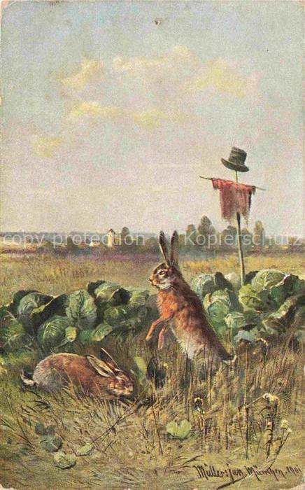 MueLLER junior Kuenstlerkarte Muenchen Hasen Weissgraufeld