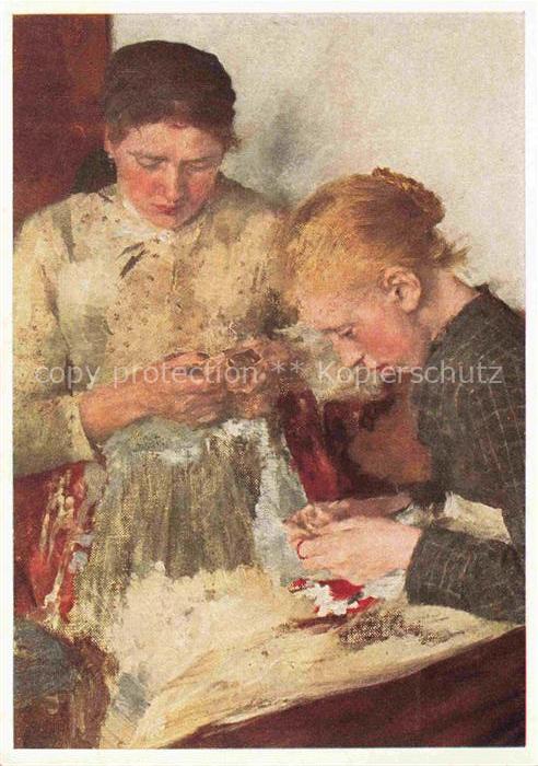 LEIBL Wilhelm (1844-1900) Kuenstlerkarte Strickende Maedchen