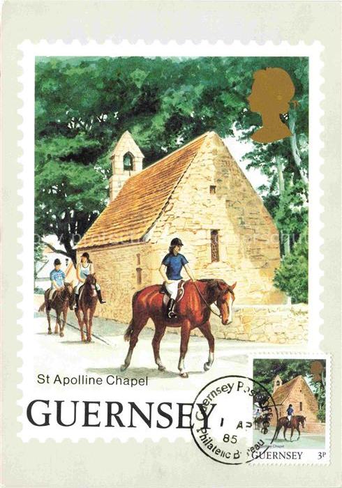 Briefmarken auf AK Timbres Postage Francobollo-- Guernsey St Apolline Chapel Pfe