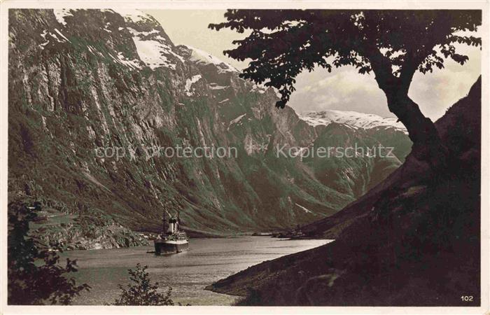 Naerofjord Norge Fjord Dampfschiff Berge Schnee Felswaende Baum