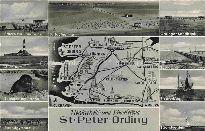 Peter-Ording St Nordseebad Leuchtturm Seebruecke Sandbank Seehund Fischerboot St