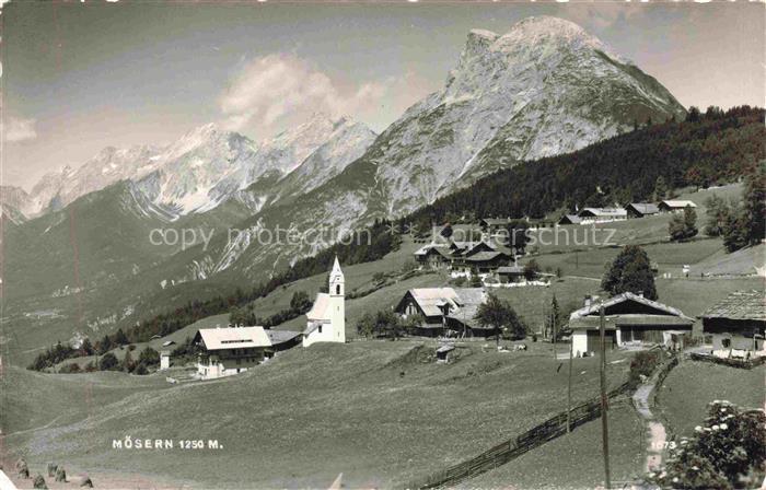 Moesern Telfs Tirol AT Kirchturm Dorf Bergpanorama Wiesen Wald Alpen Seefeld