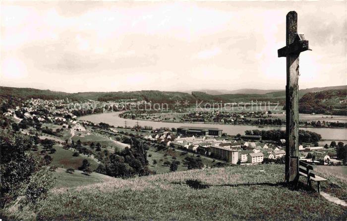 Waldshut-Tiengen Hochrhein Rhein Wegekreuz Flusstal Haeuser Huegel Bank Panorama