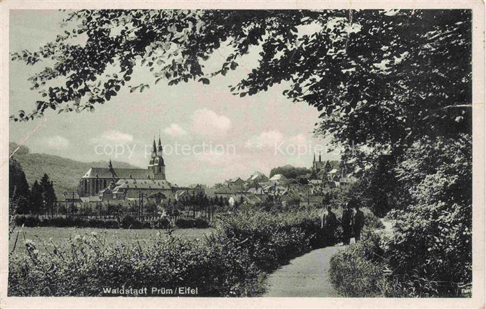Pruem Eifel Rheinland-Pfalz Basilika Kirchturm Spazierpfad Baeume Haeuser Waldst