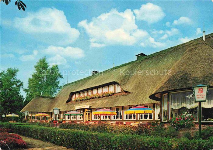 Barmstedt Rantzauer-See-Gaststaette Reetdach Restaurant Terrasse Sonnenschirme B