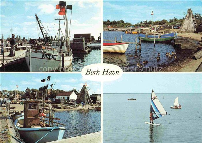 Bork Havn DK Fischerhafen Fischerboote Enten Windsurfer Angelbruecke Strand Holz