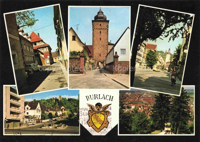 Durlach Karlsruhe Baden BW Stadttor Fachwerkhaus Strassenbahn Panorama Wappen En
