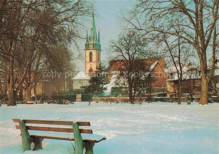 Durlach Karlsruhe Baden BW Katholische-Kirche Kirchturm Winter Schnee Park Baeum