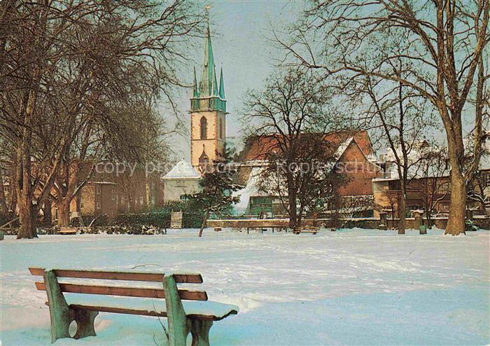 Durlach Karlsruhe Baden BW Kath-Kirche Kirchturm Schnee Winter Parkbank Baeume P