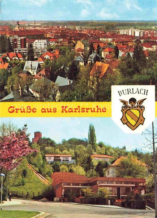 Durlach Karlsruhe Baden BW Stadtpanorama Daecher Turmberg Kirschbluete Wappen Me
