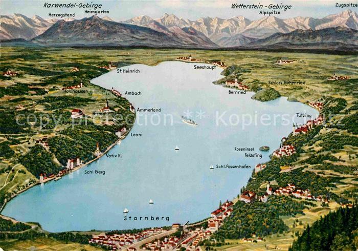 Starnberg Starnbergersee Bayern Panoramakarte Tutzing Ambach Seeshaupt