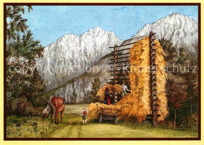 Kuenstlerkarte Rene Rietmeyer Bergbauern bei der Arbeit oesterreich