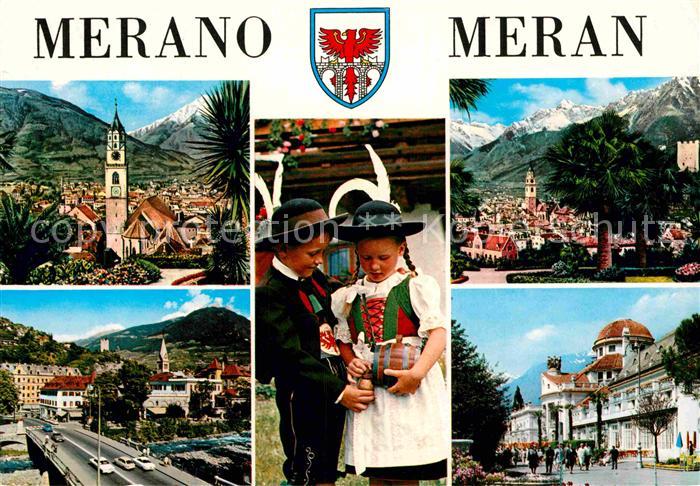 Meran Merano Kurort mit Kirche Texelgruppe Bruecke Kinder Trachten Kurpromenade