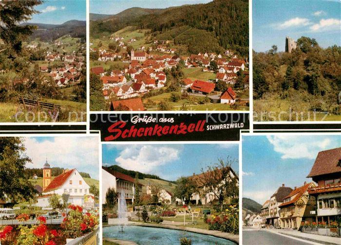 Schenkenzell Panorama Kinzigtal Burgruine Ortsmotive mit Kirche Springbrunnen