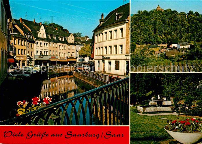 Saarburg Saar Haeuserpartie am Fluss Burg Park Brunnen