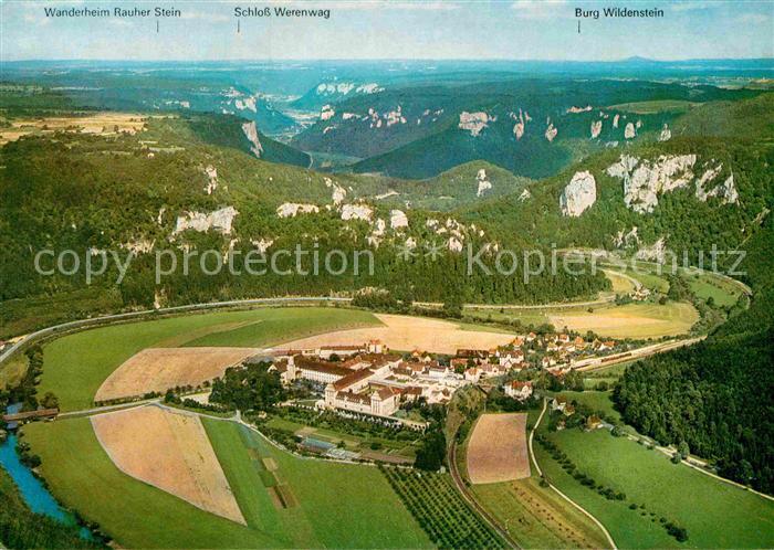 Beuron Donautal mit Donaudurchbruch Erzabtei Schwaebische Alb Fliegeraufnahme