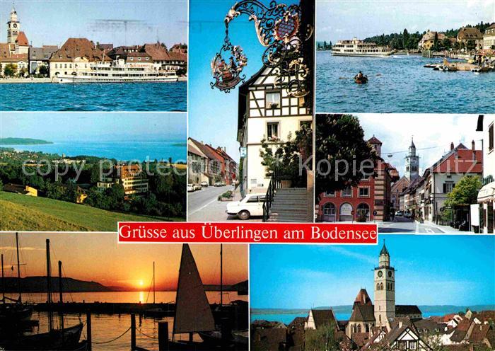 ueberlingen Bodensee Faehre Gasthausschild Panorama Hafen Kirche