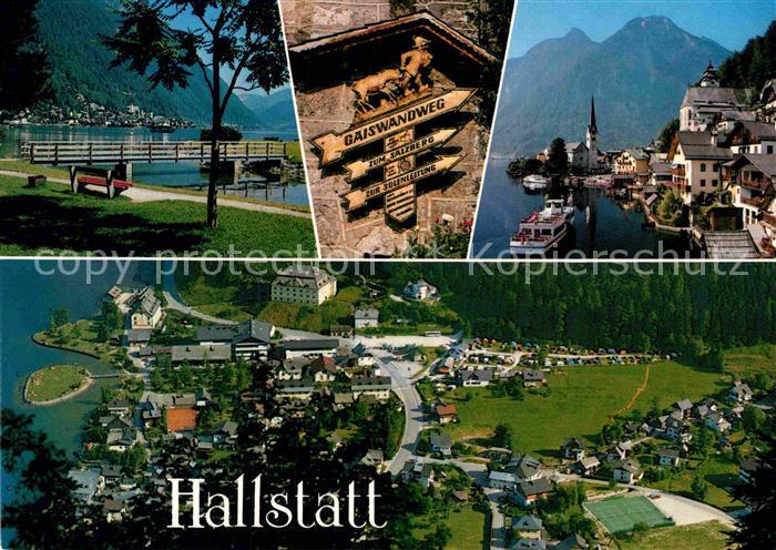 Hallstatt Austria Hallstaetter See Wegweiser Schiffsanleger Fliegeraufnahme