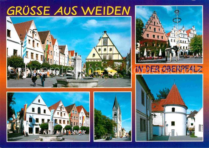 Weiden Oberpfalz Marktplatz Brunnen Strassenpartie Kirche Runder Turm