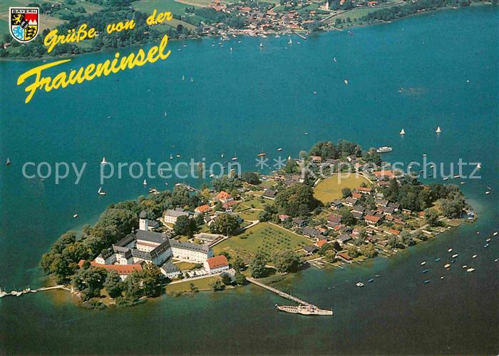 Fraueninsel Chiemsee Fliegeraufnahme mit 1000jaehrigem Kloster Strandbad Rundweg