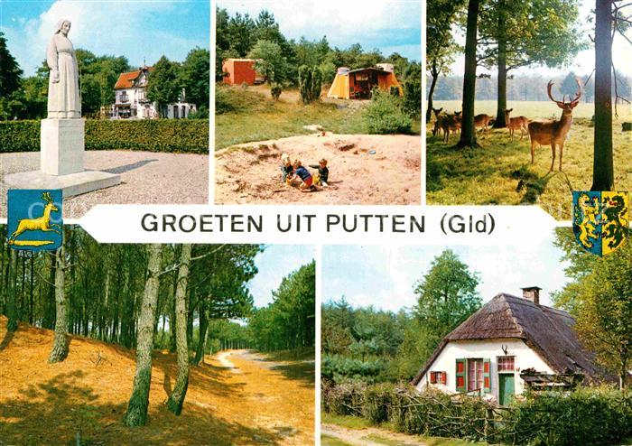 Putten Gelderland Denkmal Statue Campingplatz Waldpartie Damwild Reetdachhaus