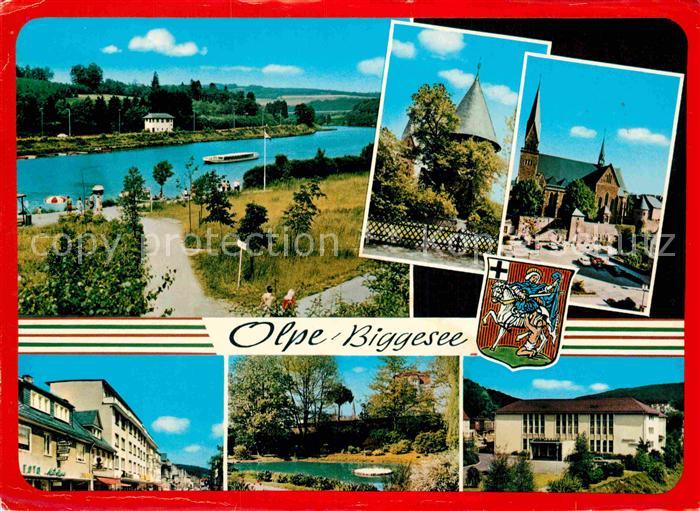 Olpe Biggesee Uferpromenade Turm Kirche Innenstadt Gebaeude Teich Wappen