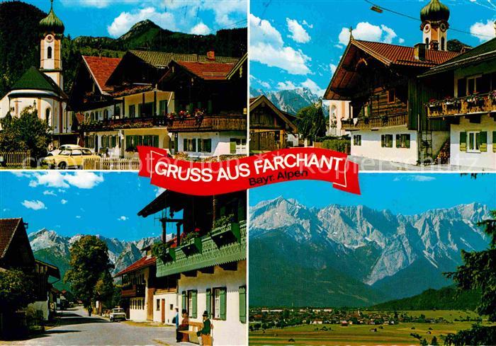 Farchant Ortsmotive mit Kirche gegen Zugspitzgruppe Wettersteingebirge