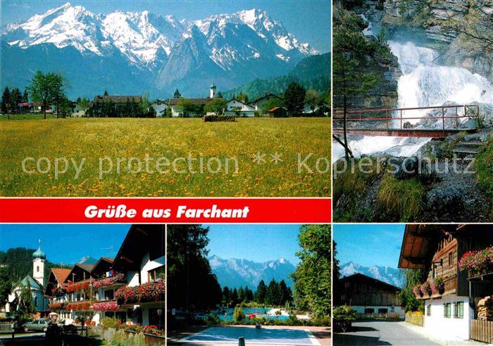 Farchant Gesamtansicht mit Alpenpanorama Wasserfall Ortsmotiv mit Kirche Freibad