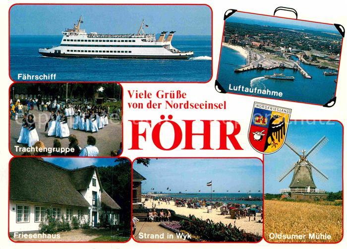 Insel Foehr Faehrschiff Fliegeraufnahme Trachtengruppe Friesenhaus Strand in Wyk