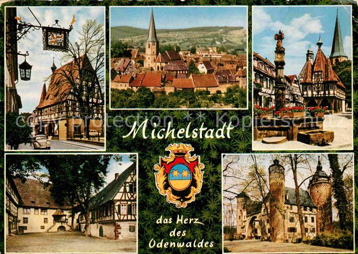 Michelstadt Fachwerkhaeuser Teilansicht Markt Brunnen Schloss