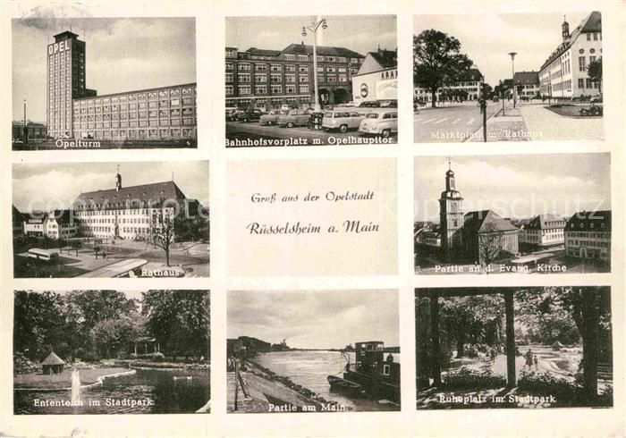 Ruesselsheim Main Opelturm Bahnhofsplatz Marktplatz Rathaus Ev Kirche Ententeich