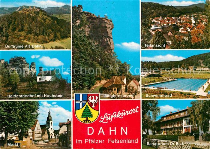 Dahn Fliegeraufnahme Burgruine-Alt-Dahn Jungfernsprung Freibad Sanatorium Dr. Bi