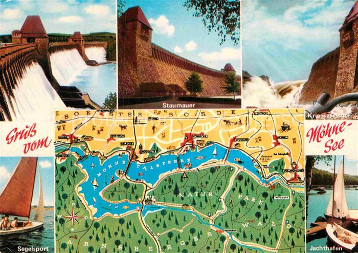 Moehnesee Talsperre Stausee Sperrmauer Kriegszerstoerung Segelsport Landkarte