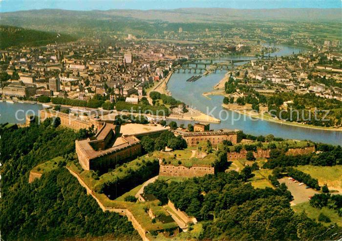 Koblenz Rhein Fliegeraufnahme Festung Ehrenbreitstein und Deutsches Eck