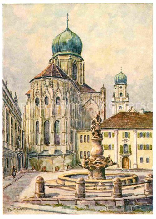 PAssAU Bayern Residenzplatz mit Wittelsbacherbrunnen Dom Kuenstlerkarte Anton Pf