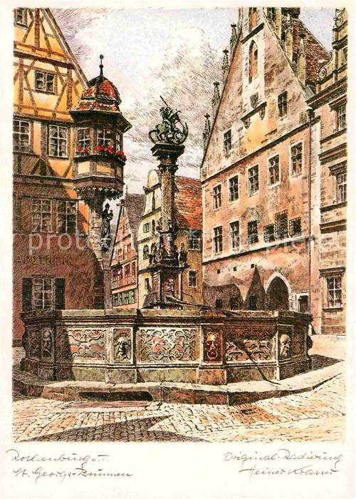 Rothenburg Tauber Brunnenpartie Kuenstlerkarte Heiner Krasser