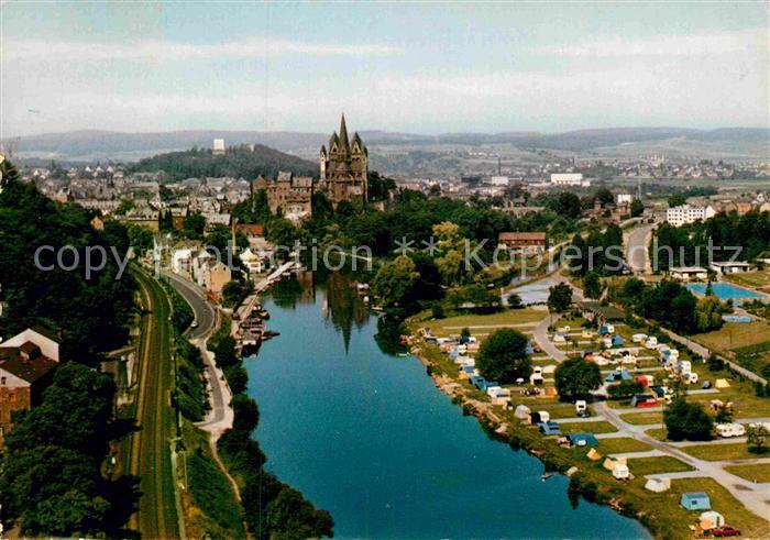 Limburg Lahn Fliegeraufnahme Blick von Autobahnbruecke mit Campingplatz