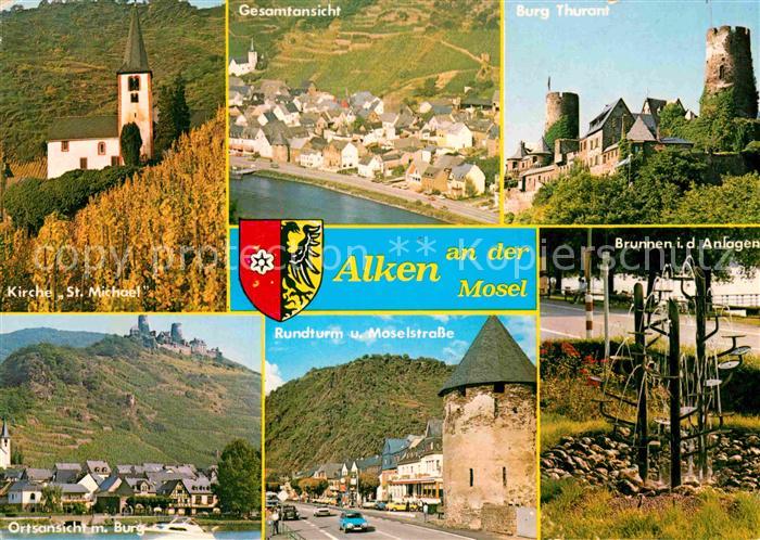 Alken Koblenz mit Burg Thurant Fliegeraufnahme Rundturm und Moselstrasse