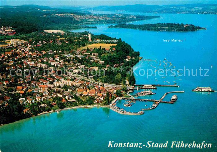 Staad Konstanz Fliegeraufnahme Faehrhafen mit Allmansdorf Insel Mainau