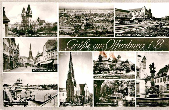 Offenburg Kirche Hauptstrasse Schwimmbad Stadthalle Steingarten Gymnasium Schwan