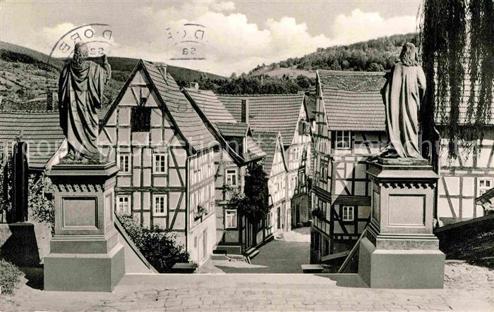 Bad Orb Kirchgasse Denkmal Statue Altstadt Fachwerkhaeuser