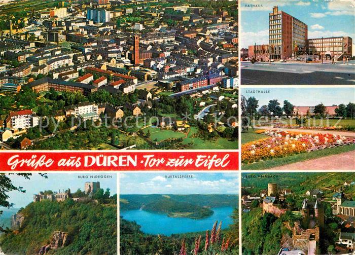 Dueren Rheinland Fliegeraufnahme Stadthalle Rathaus Burg Heimbach Burg Nideggen