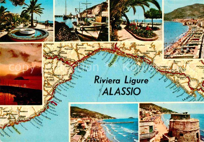 ALAssIO Savona Liguria IT Landkarte Sonnenuntergang Hafen Burg Promenade