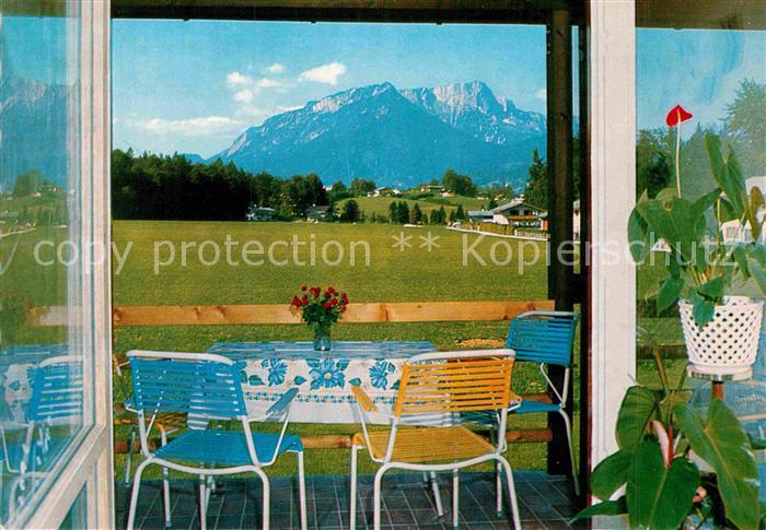 Schoenau Berchtesgaden Cafe Pension Hanauer Lehen Balkon Ausblick zum Untersberg