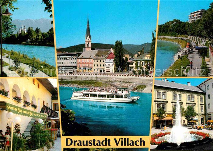 Villach Kaernten Partie an der Drau Kirche Gaststaette Restaurant Brunnen Ausflu
