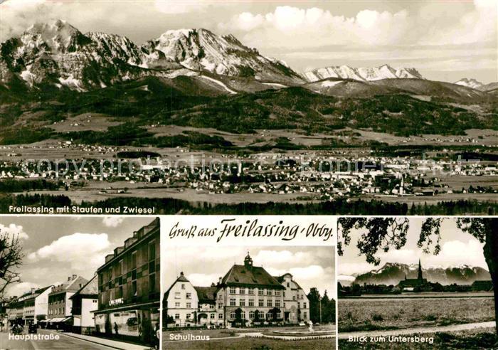 Freilassing Panorama mit Staufen und Zwiesel Untersberg Hauptstrasse Schulhaus