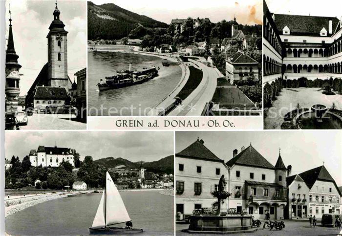 Grein Donau Oberoesterreich Kirche Uferstrasse Dampfer Brunnen Marktplatz Segelb