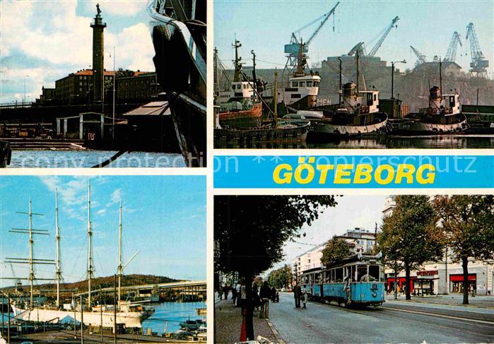 Goeteborg Denkmal Hafen Fischkutter Strassenbahn Segelschiff Viermaster